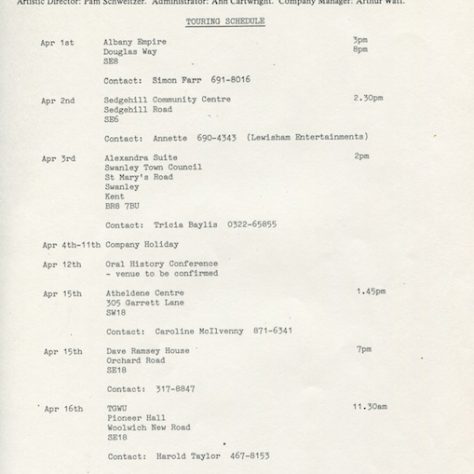 Tour schedule March-April 1985 | Tour schedule March-April 1985